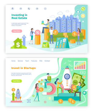 Investing in startup and real estate vector, people with money invested in future construction and building of homes and houses, spaceship rocket. Website or webpage template, landing page flat style