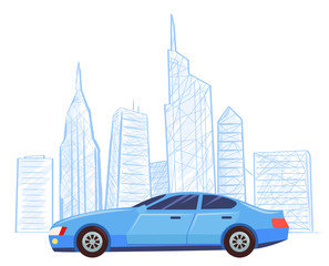 Modern car, cityscape colorless outline and vehicle transport. Automobile in city, skyline with skyscrapers and high buildings town. Car riding along skyscrapers and buildings, contemporary megapolis