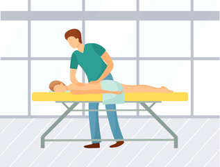 Fototapeta premium Female enjoying relaxing back massage from male masseur in cosmetology spa centre. Body care, skin care, spa therapy, beauty treatment concept vector