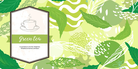Green banner for tea design. Tea shop. A cup drawn in one line.