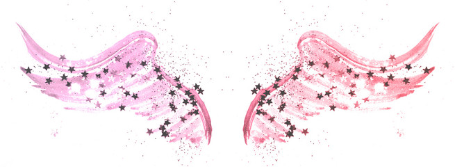 Glittering stars on abstract pink watercolor wings in vintage nostalgic colors.