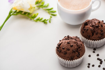 fresh chocolate muffins near plant and coffee on marble surface