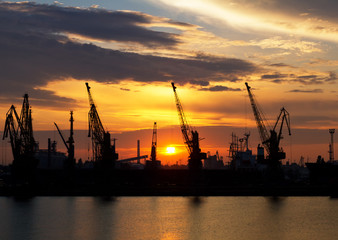 Fototapeta premium Sunset over Odessa seaport. Ukraine