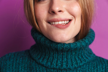 Cropped photo of cheerful caucasian woman smiling at camera