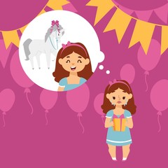 Crying girl disappointed with birthday present vector illustration. Expectations and reality. Girl dreamed of pony but received small gift box on birthday. Upset child, sad kid crying at party