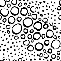 Grunge ink brush circles seamless black and white pattern. Vector illustration.