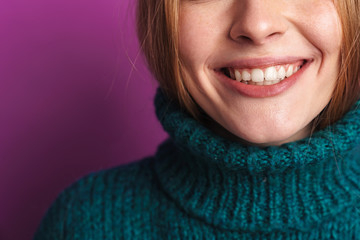 Cropped photo of cheerful caucasian woman smiling at camera