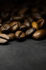 Coffee in beans on dark background. Abstract background texture.Coffee beans texture. Food background of coffee beans