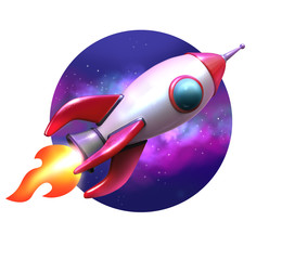 Colourful 3d illustration rocket blasting through a circular starry twilight sky with flames trailing from the back over white in a conceptual image of space exploration, success, start-ups.