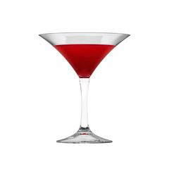 Conical Martini Glass Filled by Red Translucent Cocktail. 3D Render Isolated on White Background.