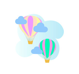 two beautiful balloons with clouds and a blue gradient - childrens vector illustration, baby card 
