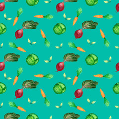 Vegetables seamless pattern. Food, vegetarianism. Hand drawn watercolor. Greens, cabbage, beetroot, carrots, salad. Menu design elements, cafe. Design for wallpaper, textile, catering, packaging.