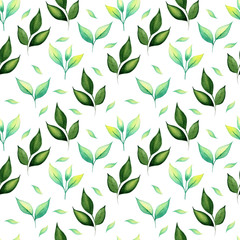 Seamless pattern with leaves. Watercolor hand drawn illustration. Summer pattern. Fresh leaves pattern. Design for textiles, packaging, fabrics, menus, restaurants, cafes.