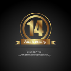 14th anniversary golden logo text decorative. With dark background. Ready to use. Vector Illustration EPS 10
