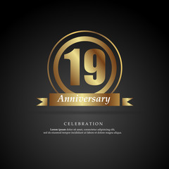 19th anniversary golden logo text decorative. With dark background. Ready to use. Vector Illustration EPS 10