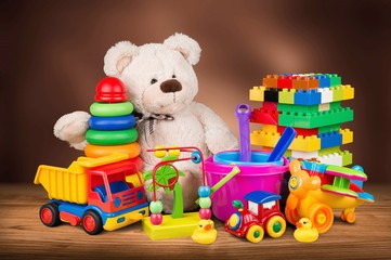 Many colorful toys collection on desk