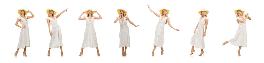 Woman in long summer dress and hat isolated on white