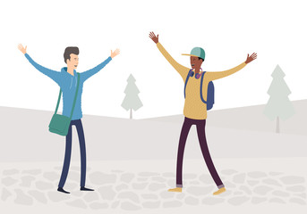 Fototapeta premium Informal greeting. Flat illustration with two friends.