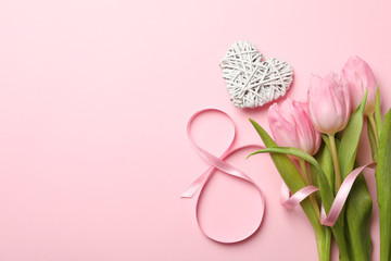 Eight, heart and tulips on pink background, space for text