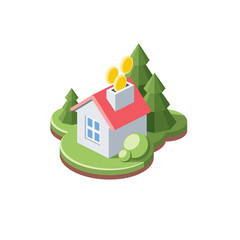 Private House Payment Investment Forest Coins. Vector 3d isometric, color web icon, new flat style. Creative illustration design, idea for infographics.