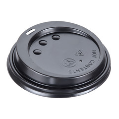 Black plastic disposable top cover for paper cups marked with processing, hot and food pictograms, isolated on white