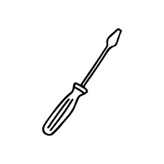 Flat head screwdriver in doodle style. Isolated outline. Hand drawn vector illustration in black ink on white background.