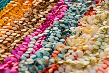 Cuentas de collares de colores en la mesa de un mercado.