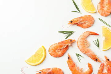 Composition with shrimps and spices on white background, top view
