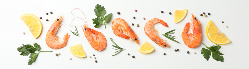 Flat lay with shrimps and spices on white background, top view