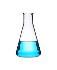 Erlenmeyer flask with light blue liquid isolated on white