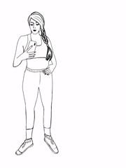 Blogging.   A beautiful young slender girl blogger photographs herself in the mirror on a smartphone,  Black and white raster illustration. Outline drawing, coloring. Copy space