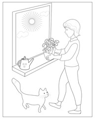 coloring for children and adults. female gardener with seedlings. cottager. sprouts under the sun. dacha season. Seedlings in a box. flower girl. outline black-and-white drawing by hand.