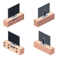 TV cabinet table shelf. Vector 3d isometric, color web icon, new flat style. Creative illustration design, idea for infographics.