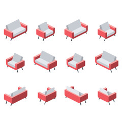 Red sofa set. Vector 3d isometric, color web icon, new flat style. Creative illustration design, idea for infographics.