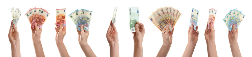 Collage with women holding euro banknotes on white background, closeup - obrazy, fototapety, plakaty