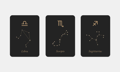 Libra, Scorpio, Sagittarius constellations Vector Design. Hand Drawn Libra, Scorpio, Sagittarius Zodiac Symbols. Minimalistic illustration set.