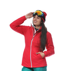 Woman wearing stylish winter sport clothes on white background