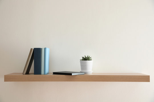 Wooden shelf with books and houseplant on light wall