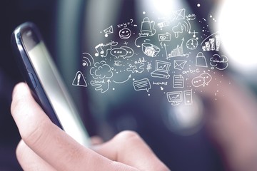 Man hand using a mobile phone and media illustration