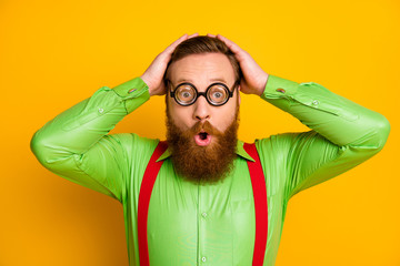 Close up photo funky astonished geek nerd man funky spectacles look unbelievable unexpected high...