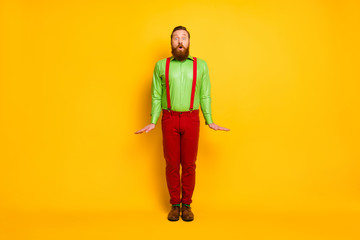Fototapeta na wymiar Full length photo of attractive funky guy standing impressed good mood rejoicing wear green shirt red suspenders pants socks footwear isolated bright color background