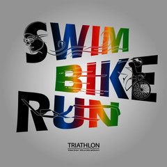 Visual drawing text of swimming, cycling and runner sport at fast of speed in triathlon start to stop game, line design style by step on background for vector illustration, exercise sport concept