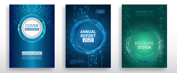 Abstract technology cover with various techno elements. High tech brochure design concept. Futuristic business layout. Digital poster templates.