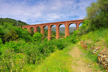 Fototapeta na wymiar Eisenbahnbrücke Viaducte dels Masos in Duesaigues, Katalonien in Spanien - railway bridge Viaducte dels Masos in Duesaigues