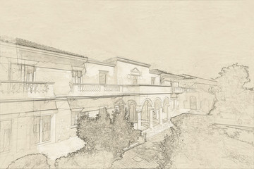 Sketch of  Traditional greek house facade, Greece