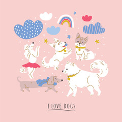Illustration of cute dog breeds, clouds, rainbows