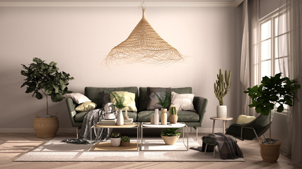 Vintage, old style living room with sofa and armchair, coffee table with decors and potted plants, carpet, window with curtains, rattan pendant lamp, classic interior design concept