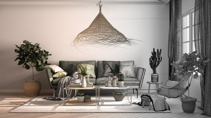 Architect interior designer concept: vintage, old style living room with sofa, armchair, coffee table, potted plants, carpet, window with curtains, rattan lamp, classic design concept