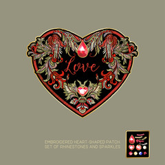 Embroidered love heart-shaped patch with a floral pattern and a set of rhinestones and sparkles. Vector illustration.