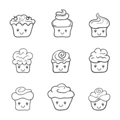 Emoticon Cupcakes doodle with black outline icon design, cute and various muffins and cream 